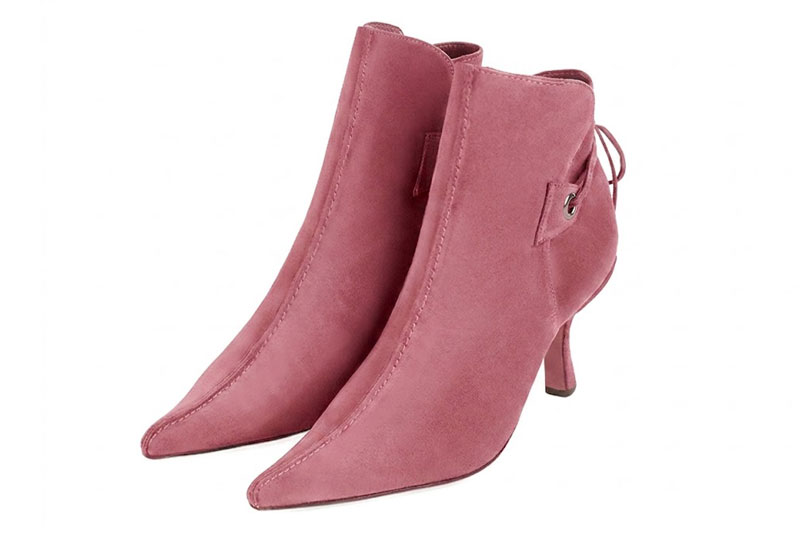 Dress ankle boots back laces in carnation pink leather with high slim heels and pointed toe - Front view